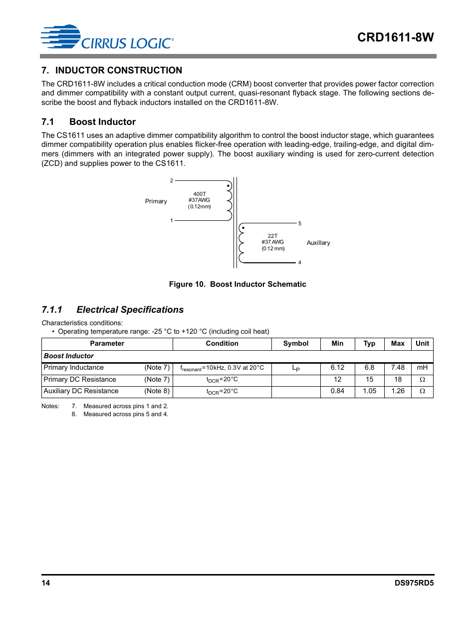 Inductor construction, 1 boost inductor, 1 electrical specifications | Cirrus Logic CRD1611-8W User Manual | Page 14 / 25
