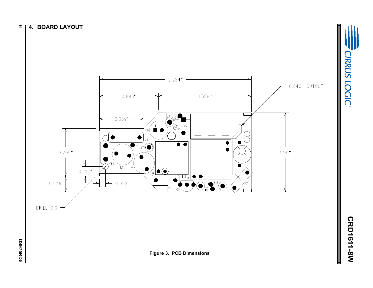 Board layout, Figure 3. pcb dimensions | Cirrus Logic CRD1611-8W User Manual | Page 6 / 25
