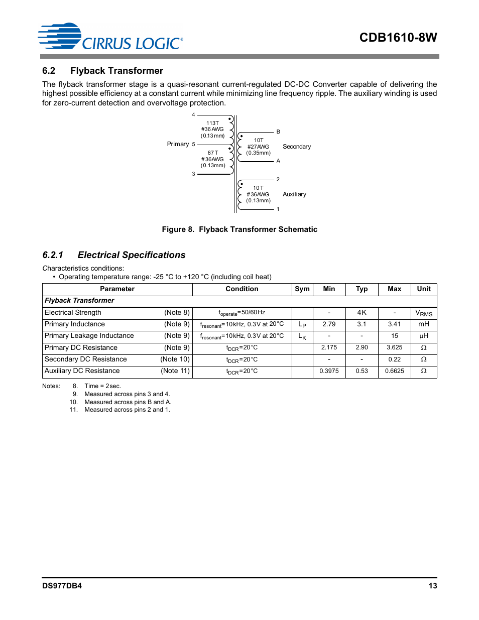 2 flyback transformer, 1 electrical specifications | Cirrus Logic CDB1610-8W User Manual | Page 13 / 21