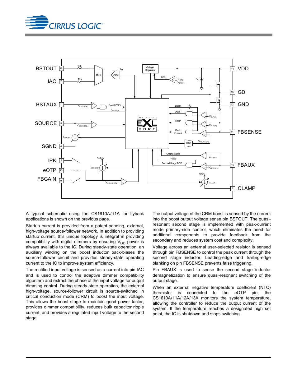 Introduction, Fbsense, Fbaux | Bstout, Bstaux, Clamp, Sgnd, Source, Fbgain, Ipk eotp | Cirrus Logic CS1613A User Manual | Page 2 / 18