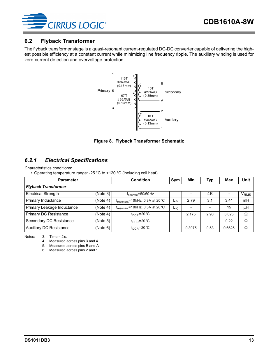 2 flyback transformer, 1 electrical specifications | Cirrus Logic CDB1610A-8W User Manual | Page 13 / 21