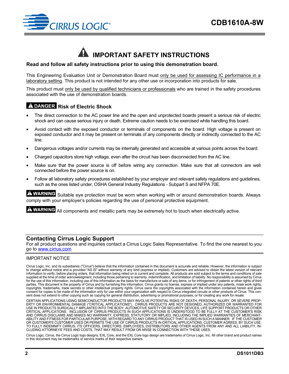 Important safety instructions, Contacting cirrus logic support | Cirrus Logic CDB1610A-8W User Manual | Page 2 / 21