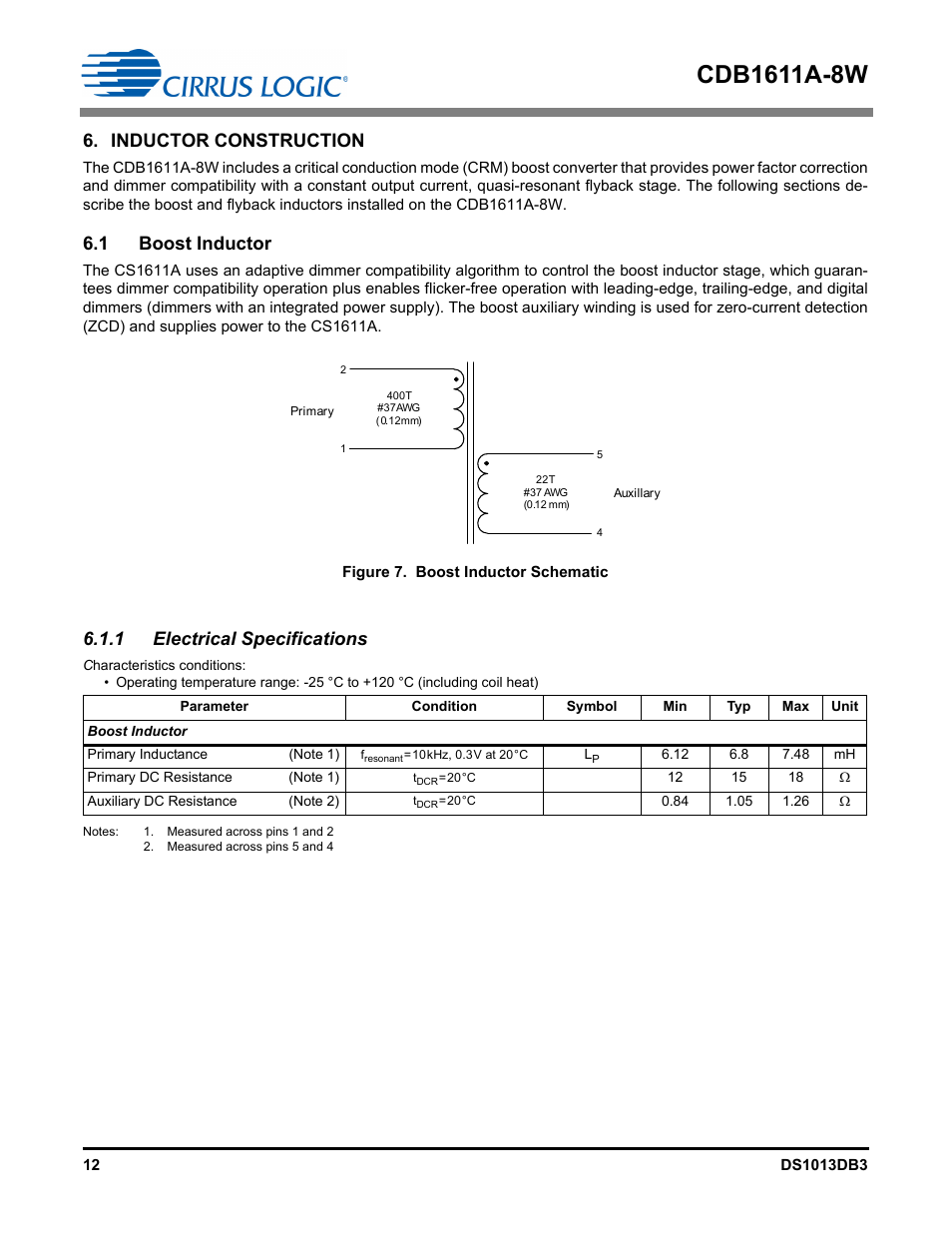 Inductor construction, 1 boost inductor, 1 electrical specifications | Cirrus Logic CDB1611A-8W User Manual | Page 12 / 21