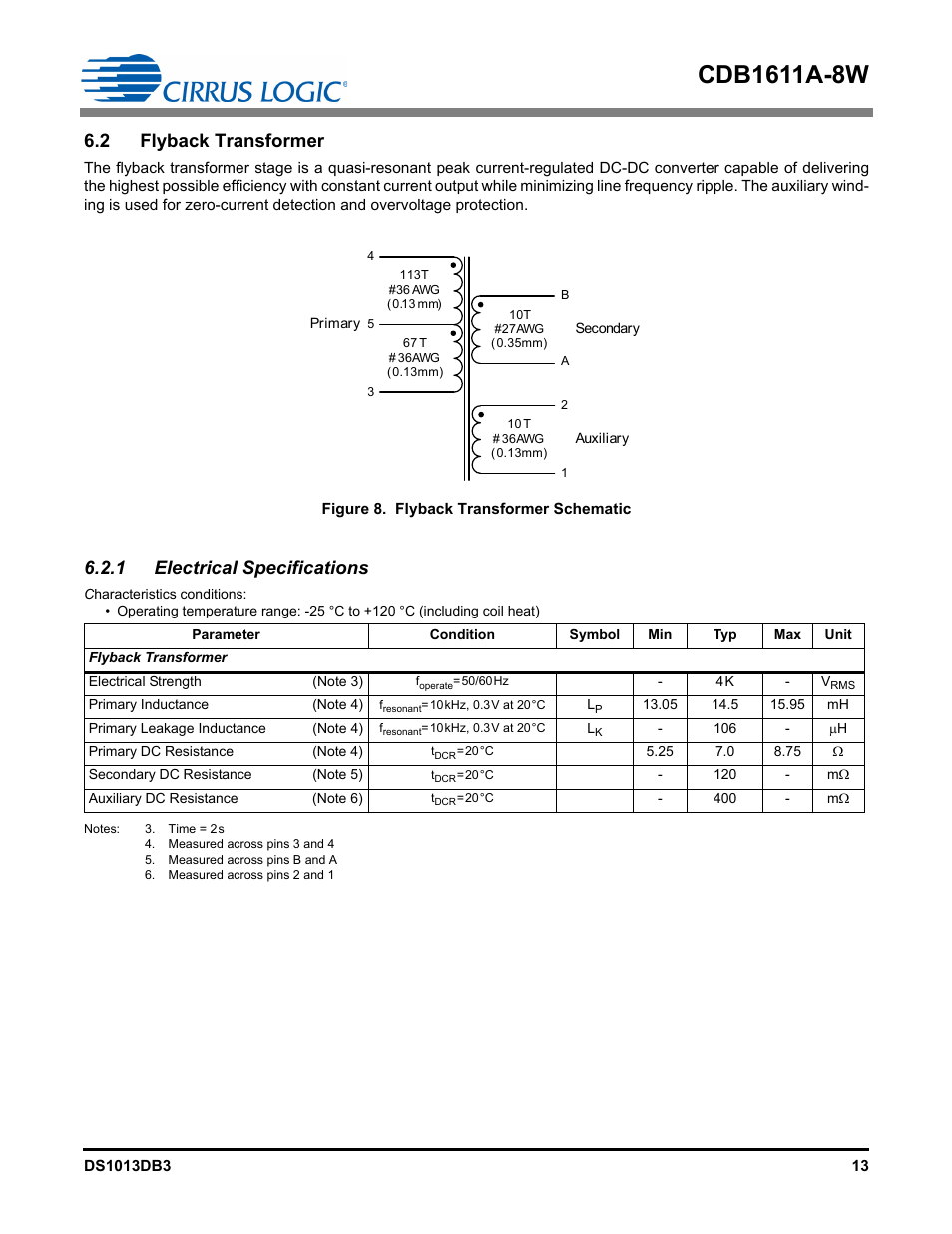 2 flyback transformer, 1 electrical specifications | Cirrus Logic CDB1611A-8W User Manual | Page 13 / 21