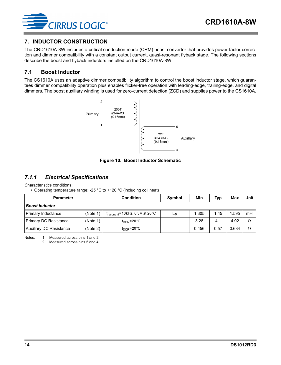 Inductor construction, 1 boost inductor, 1 electrical specifications | Cirrus Logic CRD1610A-8W User Manual | Page 14 / 24