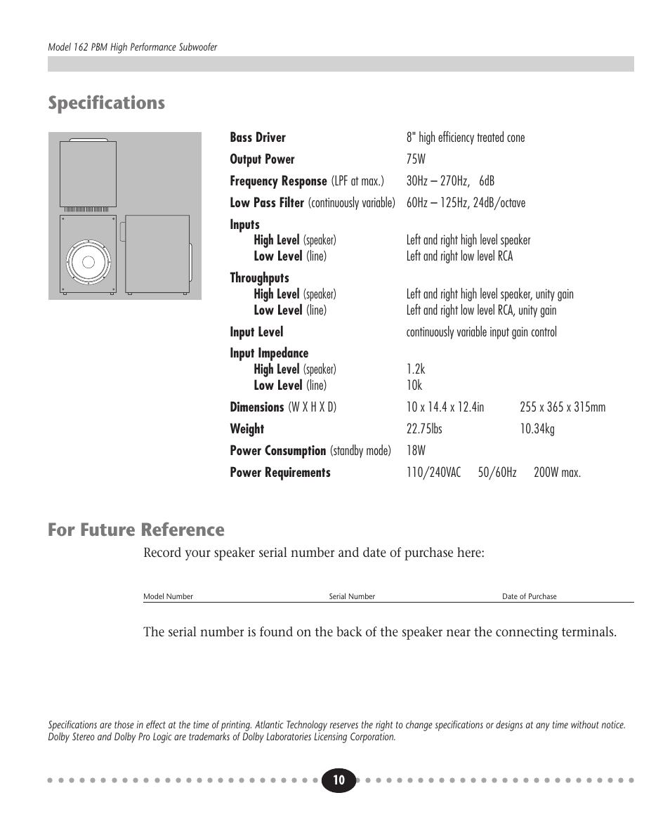 Tlantic, Specifications, For future reference | Atlantic Technology 162 PBM User Manual | Page 10 / 12