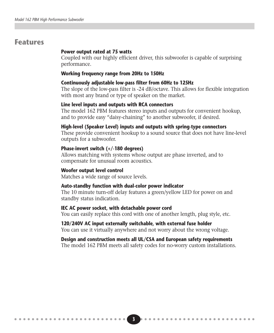 Tlantic, Features | Atlantic Technology 162 PBM User Manual | Page 3 / 12