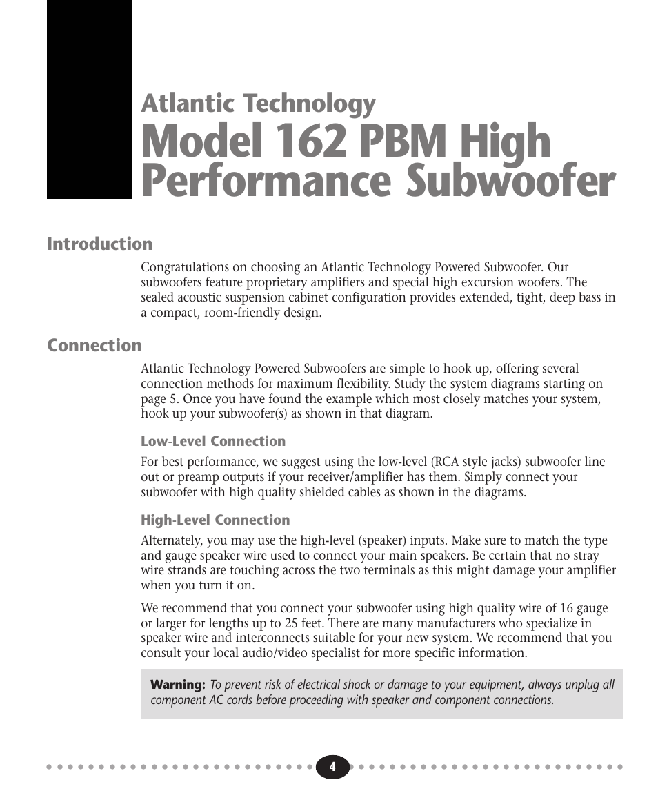 Model 162 pbm high performance subwoofer, Atlantic technology | Atlantic Technology 162 PBM User Manual | Page 4 / 12