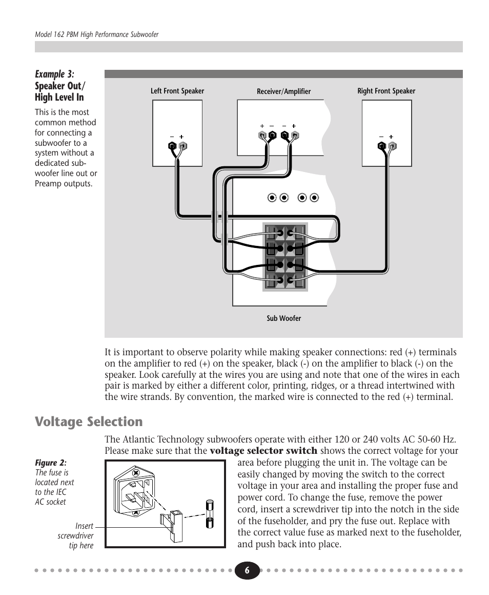 Tlantic, Voltage selection, Example 3: speaker out/ high level in | Atlantic Technology 162 PBM User Manual | Page 6 / 12