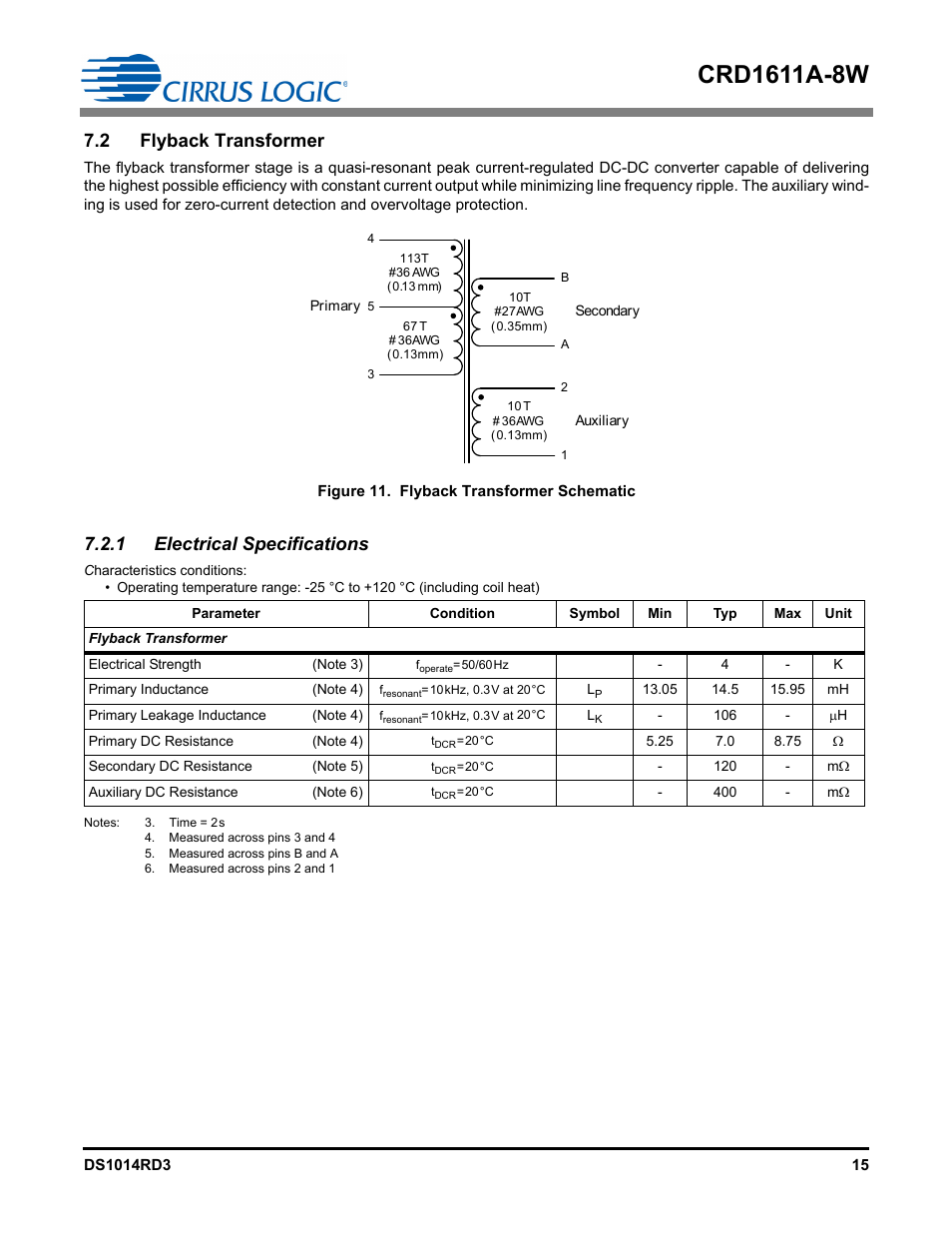 2 flyback transformer, 1 electrical specifications | Cirrus Logic CRD1611A-8W User Manual | Page 15 / 25