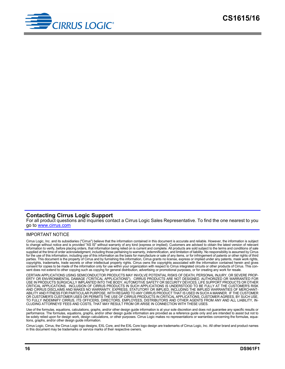 Contacting cirrus logic support | Cirrus Logic CS1616 User Manual | Page 16 / 16
