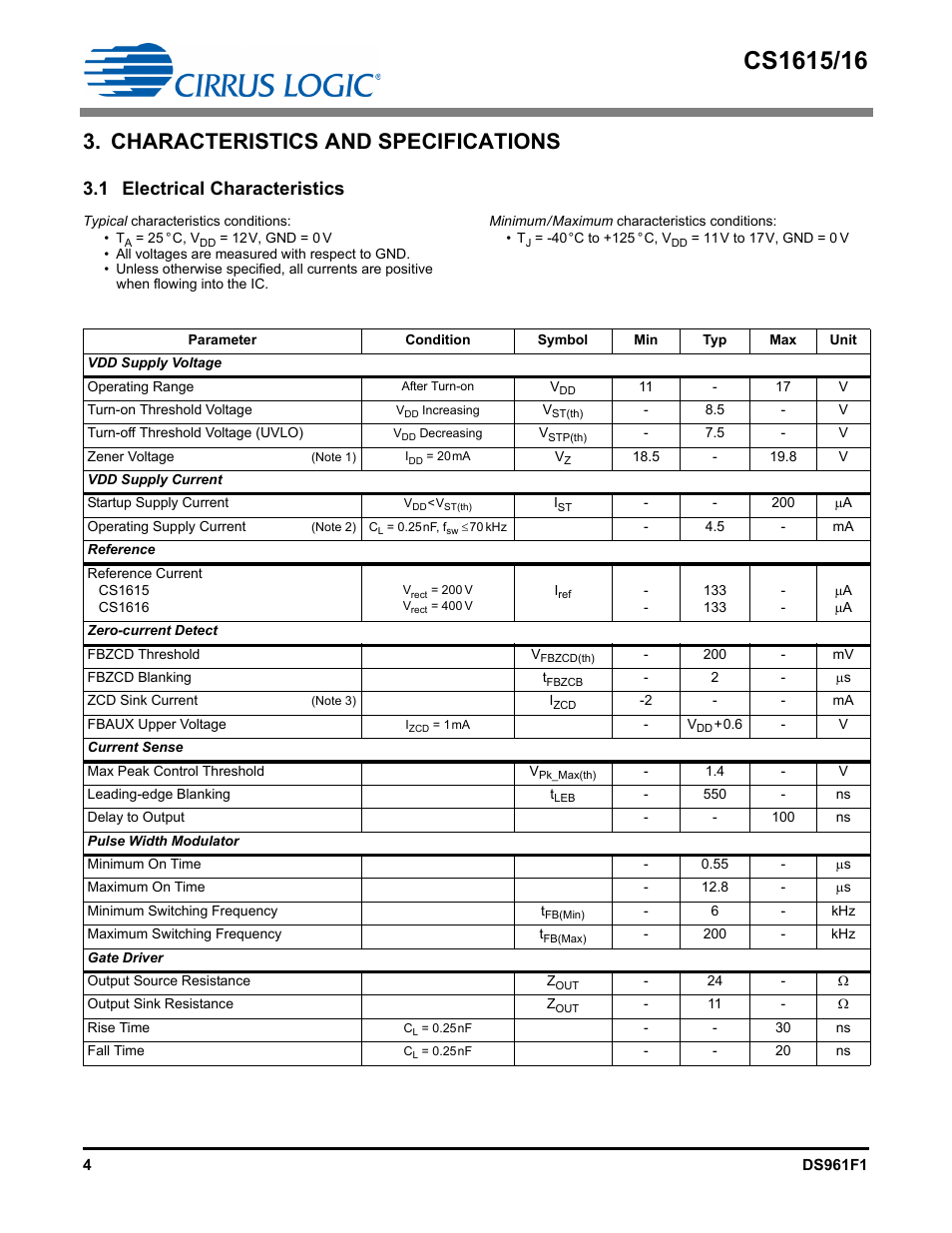 Characteristics and specifications, 1 electrical characteristics | Cirrus Logic CS1616 User Manual | Page 4 / 16
