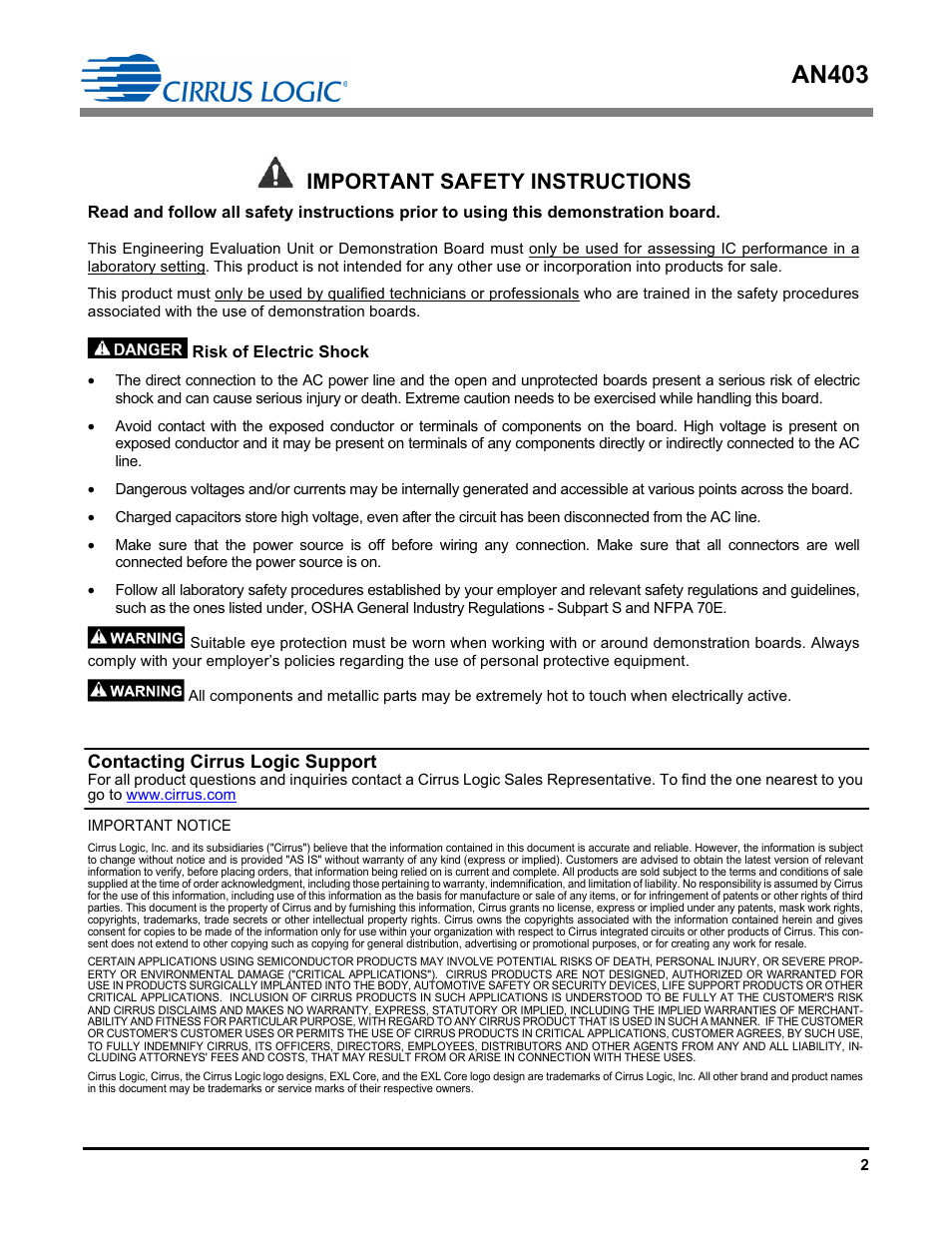 An403, Important safety instructions | Cirrus Logic AN403 User Manual | Page 2 / 15
