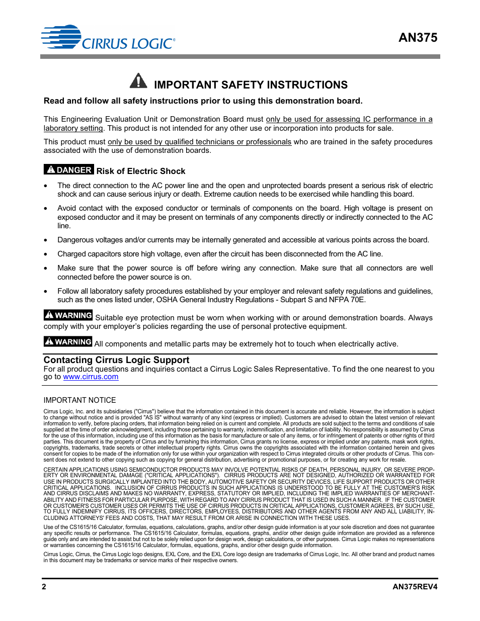An375, Important safety instructions, Contacting cirrus logic support | Cirrus Logic AN375 User Manual | Page 2 / 27