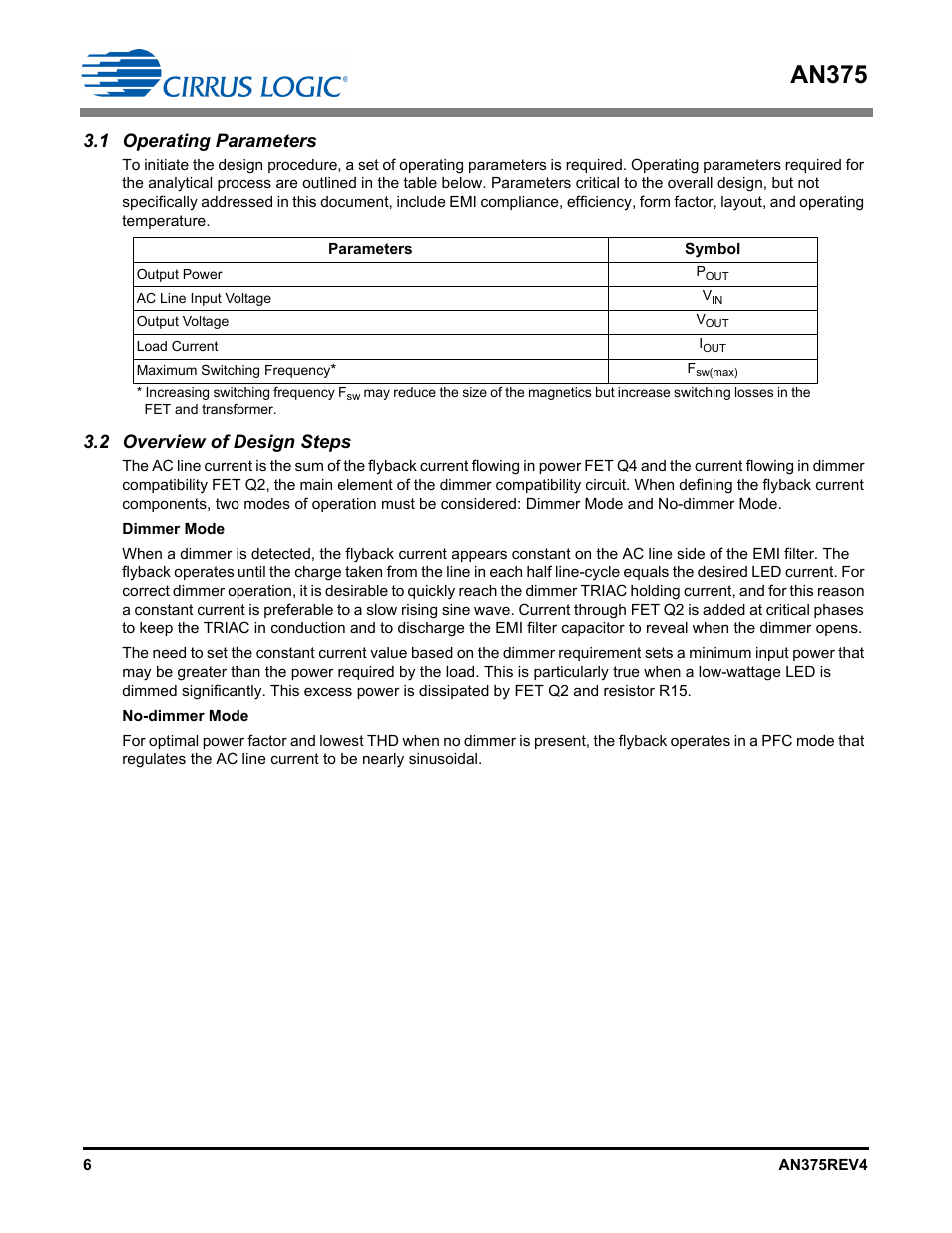 1 operating parameters, 2 overview of design steps, An375 | Cirrus Logic AN375 User Manual | Page 6 / 27