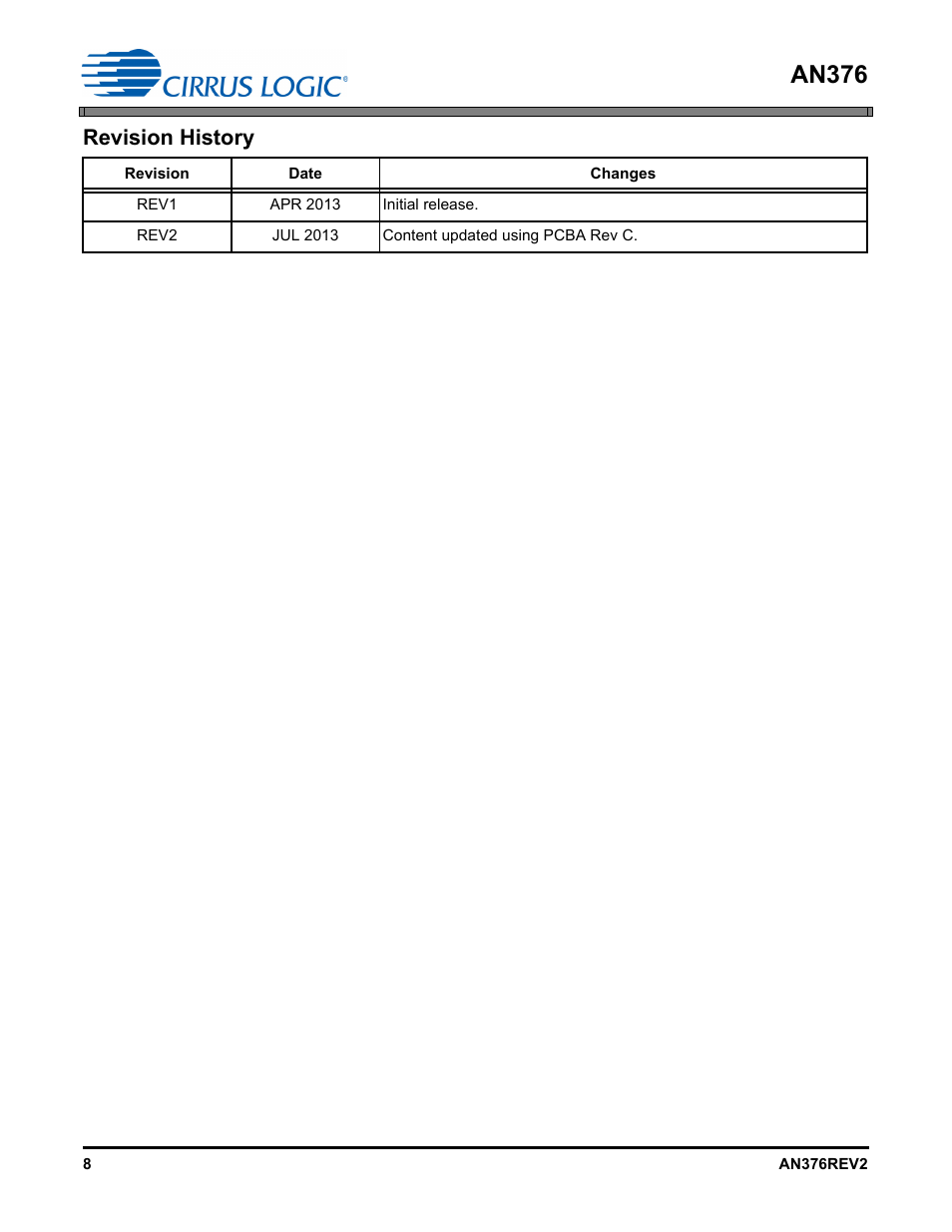 An376, Revision history | Cirrus Logic AN376 User Manual | Page 8 / 9