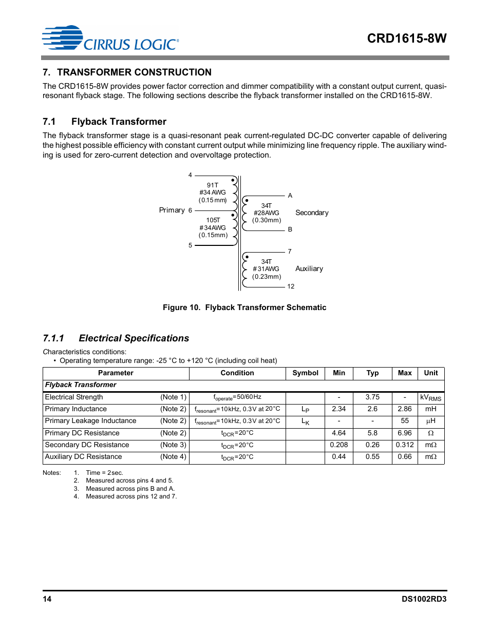 Transformer construction, 1 flyback transformer, 1 electrical specifications | Cirrus Logic CRD1615-8W User Manual | Page 14 / 22