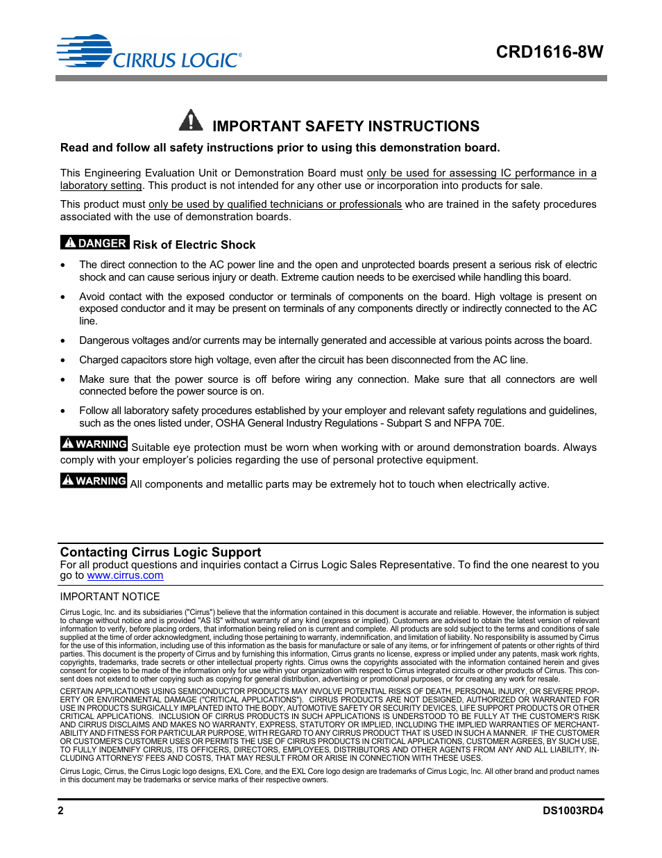 Important safety instructions, Contacting cirrus logic support | Cirrus Logic CRD1616-8W User Manual | Page 2 / 23
