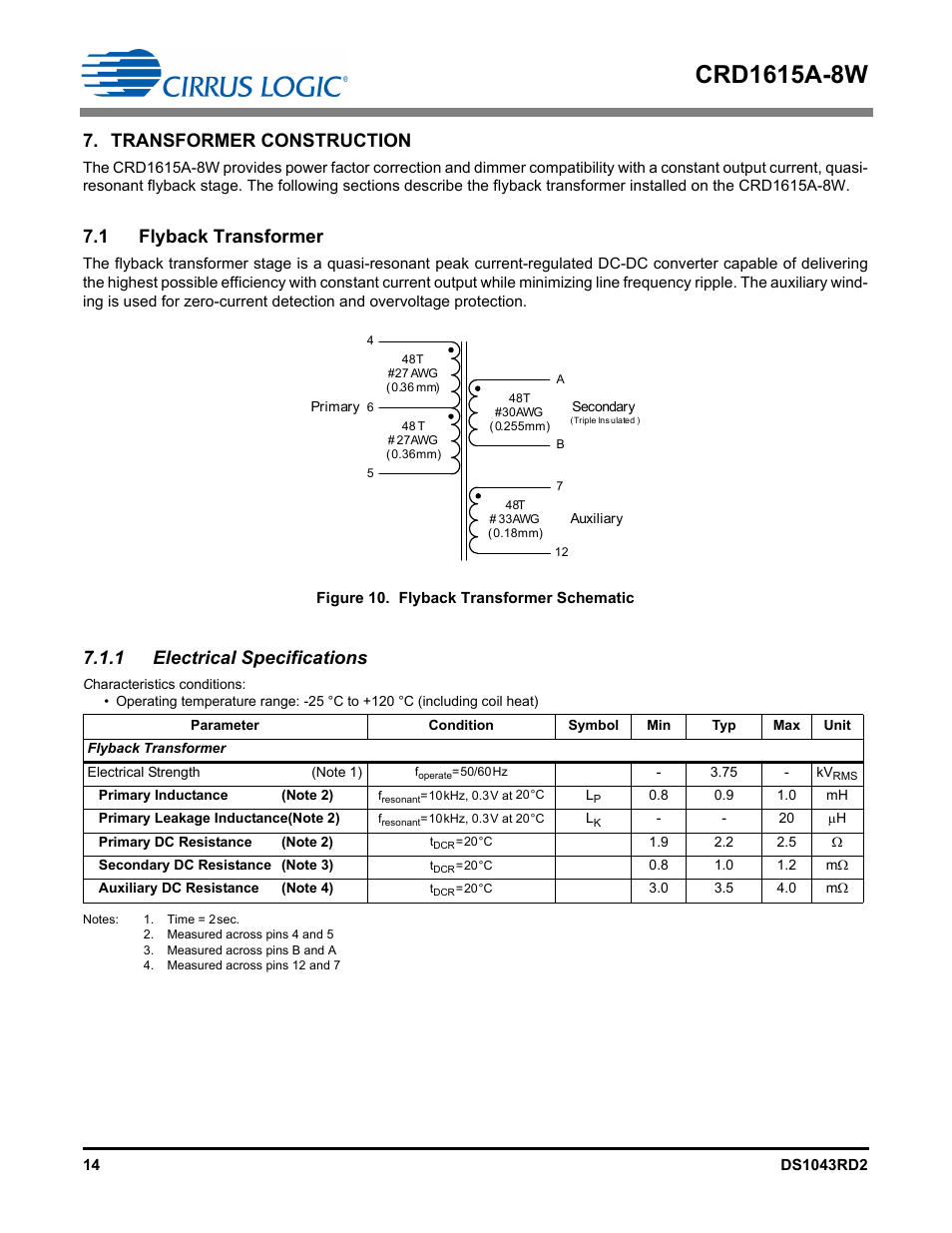 Transformer construction, 1 flyback transformer, 1 electrical specifications | Cirrus Logic CRD1615A-8W User Manual | Page 14 / 21