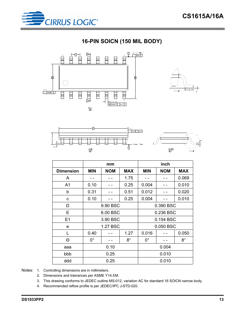 Pin soicn (150 mil body) | Cirrus Logic CS1616A User Manual | Page 13 / 16