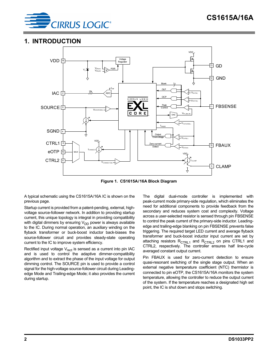 Introduction, Iac source, Sgnd | Fbsense, Clamp, Ctrl2, Ctrl1 eotp fbaux, And r | Cirrus Logic CS1616A User Manual | Page 2 / 16