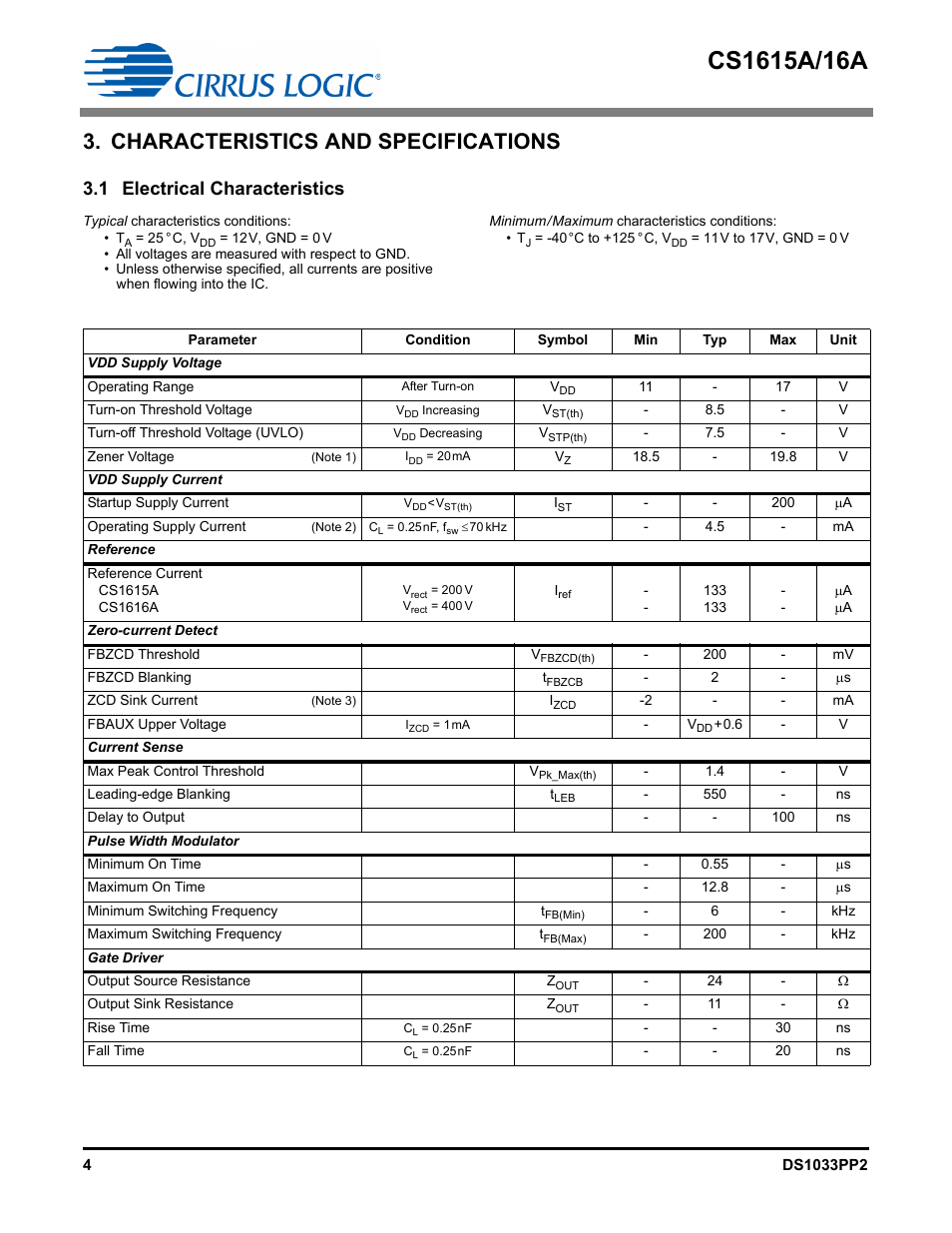 Characteristics and specifications, 1 electrical characteristics | Cirrus Logic CS1616A User Manual | Page 4 / 16
