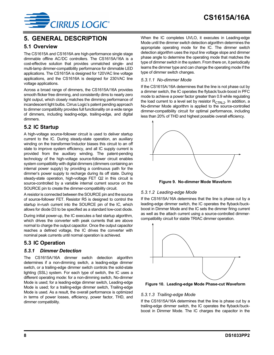 General description, 1 overview, 2 ic startup | 3 ic operation, 1 dimmer detection | Cirrus Logic CS1616A User Manual | Page 8 / 16