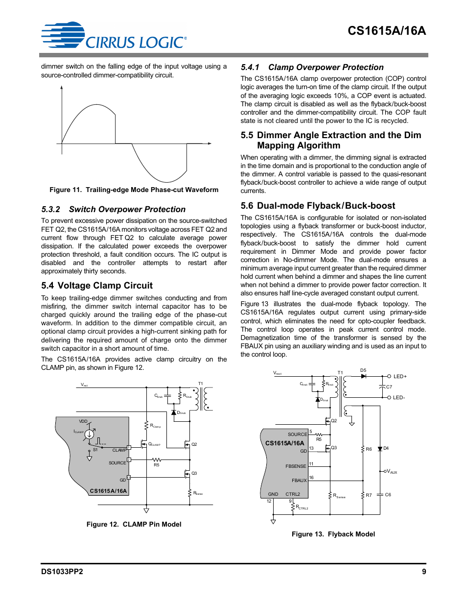 2 switch overpower protection, 4 voltage clamp circuit, 1 clamp overpower protection | 6 dual-mode flyback / buck-boost, 6 dual-mode flyback/buck-boost, Figure 12. clamp pin model, Figure 13. flyback model | Cirrus Logic CS1616A User Manual | Page 9 / 16