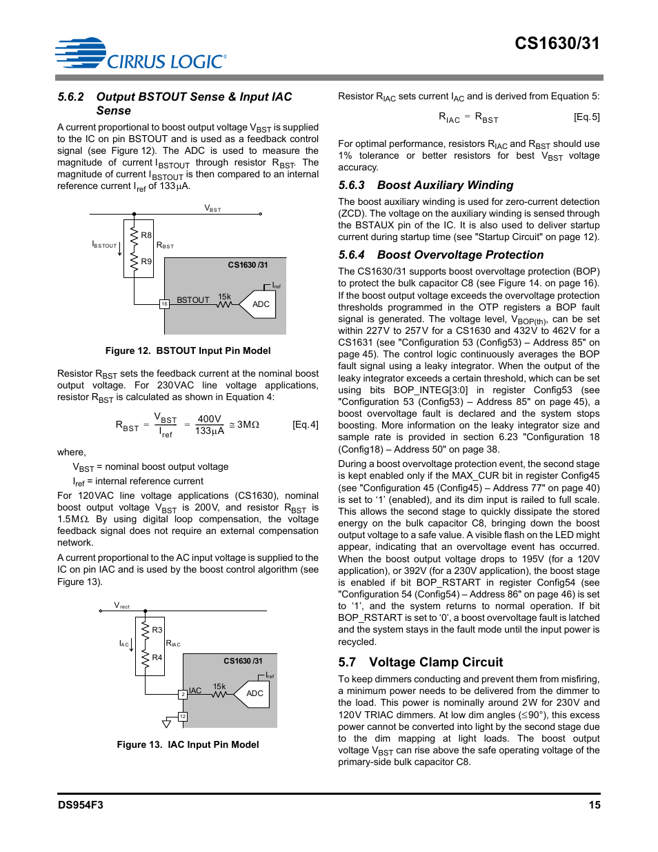 2 output bstout sense & input iac sense, 3 boost auxiliary winding, 4 boost overvoltage protection | Voltage clamp circuit, 7 voltage clamp circuit | Cirrus Logic CS1631 User Manual | Page 15 / 56