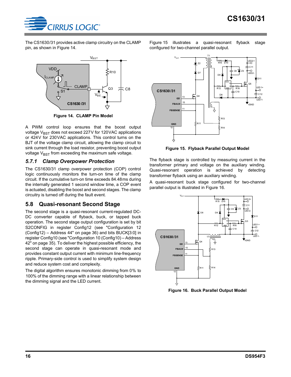 1 clamp overpower protection, Quasi-resonant second stage, 8 quasi-resonant second stage | Figure 14. clamp pin model, Figure 15. flyback parallel output model, Figure 16. buck parallel output model, Clamp | Cirrus Logic CS1631 User Manual | Page 16 / 56