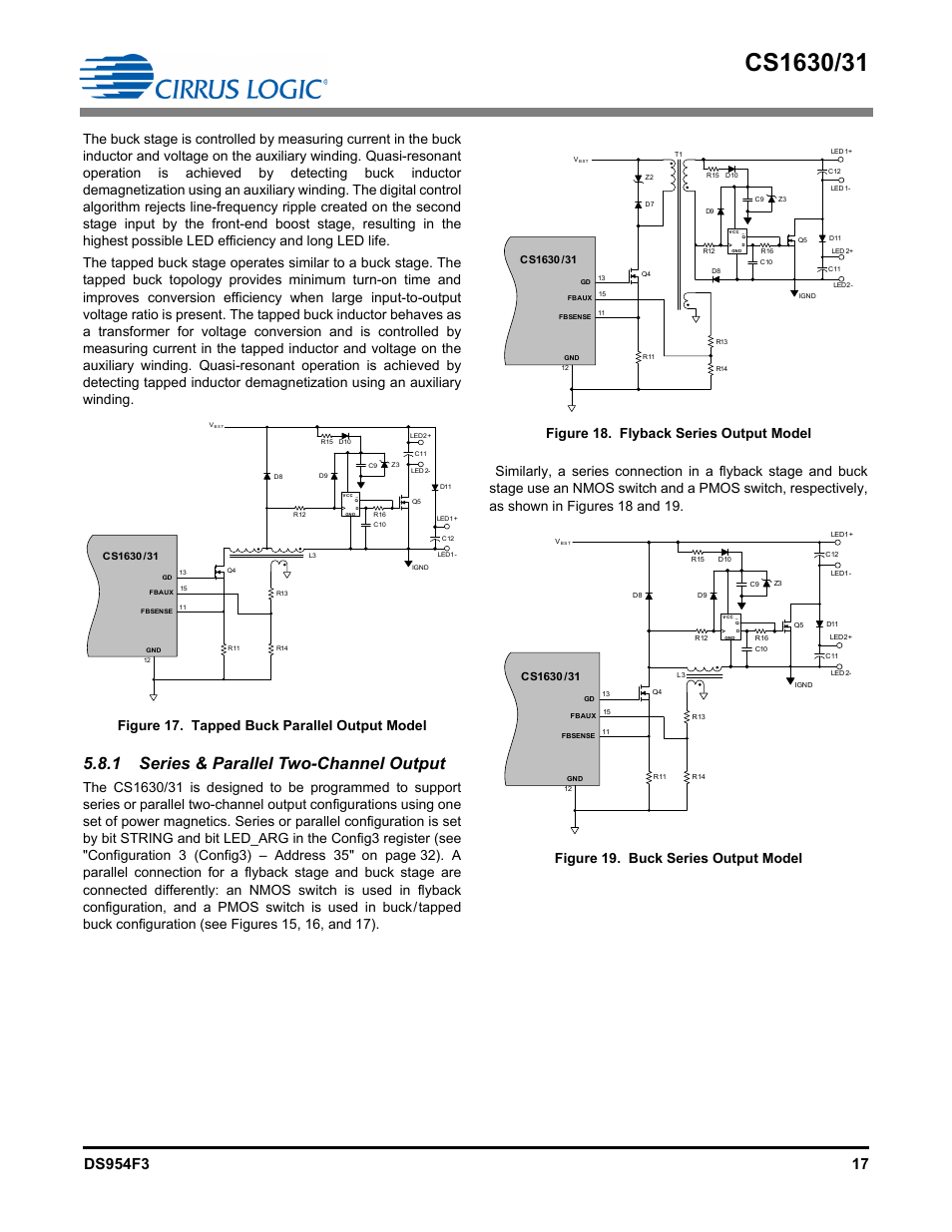 1 series & parallel two-channel output, Figure 17. tapped buck parallel output model, Figure 18. flyback series output model | Figure 19. buck series output model | Cirrus Logic CS1631 User Manual | Page 17 / 56