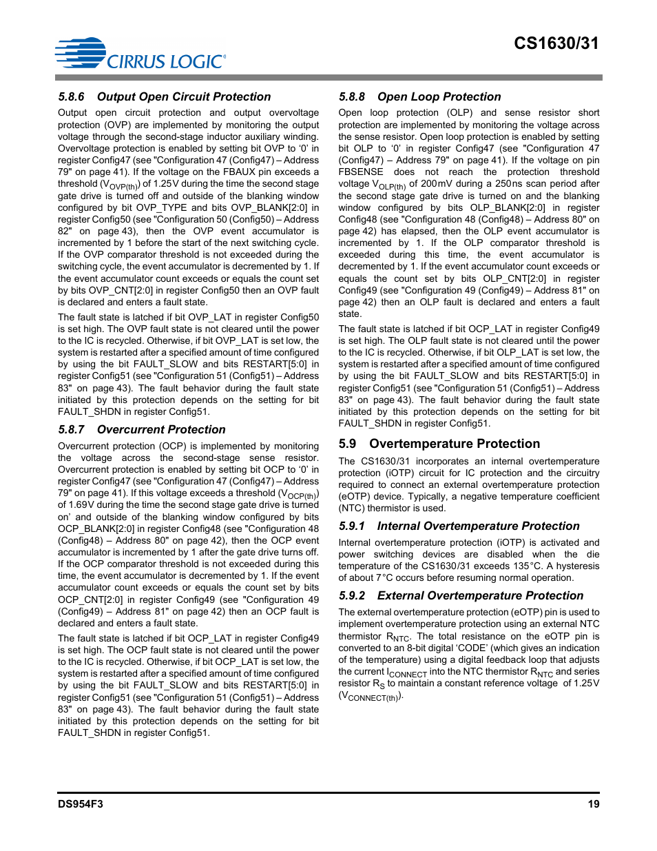 6 output open circuit protection, 7 overcurrent protection, 8 open loop protection | 1 internal overtemperature protection, 2 external overtemperature protection, Overtemperature protection, 9 overtemperature protection | Cirrus Logic CS1631 User Manual | Page 19 / 56