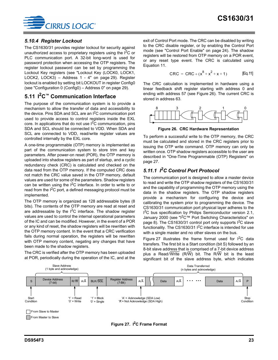 4 register lockout, 1 i2c control port protocol, 11 i | Communication interface, C control port, Protocol | Cirrus Logic CS1631 User Manual | Page 23 / 56