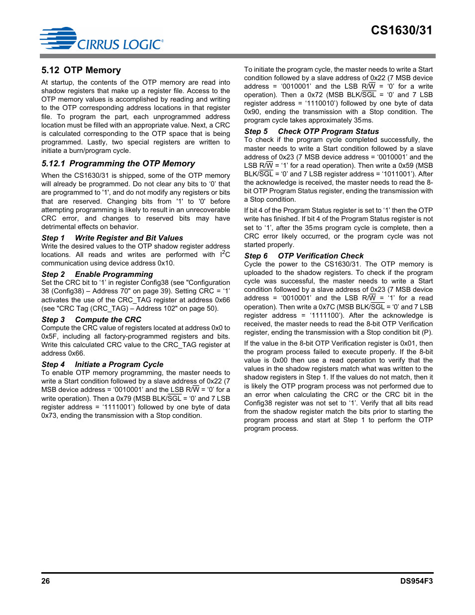 1 programming the otp memory, 12 otp memory | Cirrus Logic CS1631 User Manual | Page 26 / 56