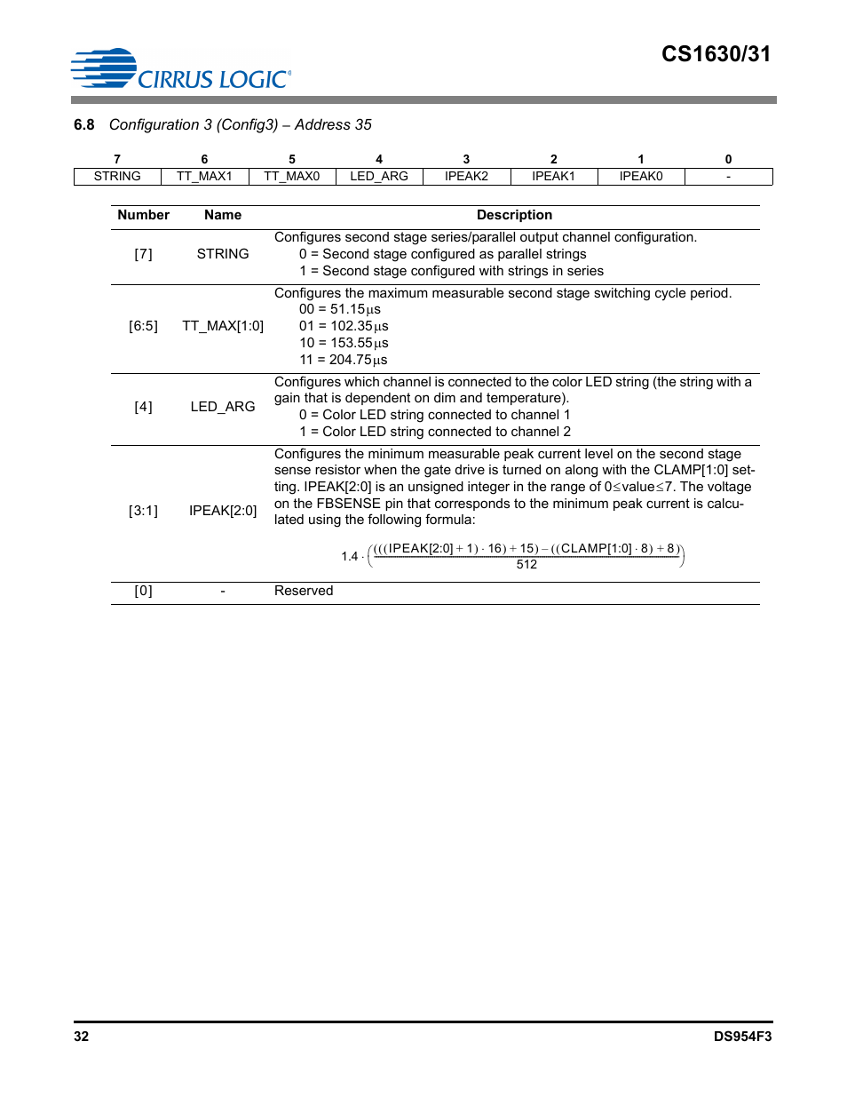 Configuration 3 (config3) – address 35 | Cirrus Logic CS1631 User Manual | Page 32 / 56
