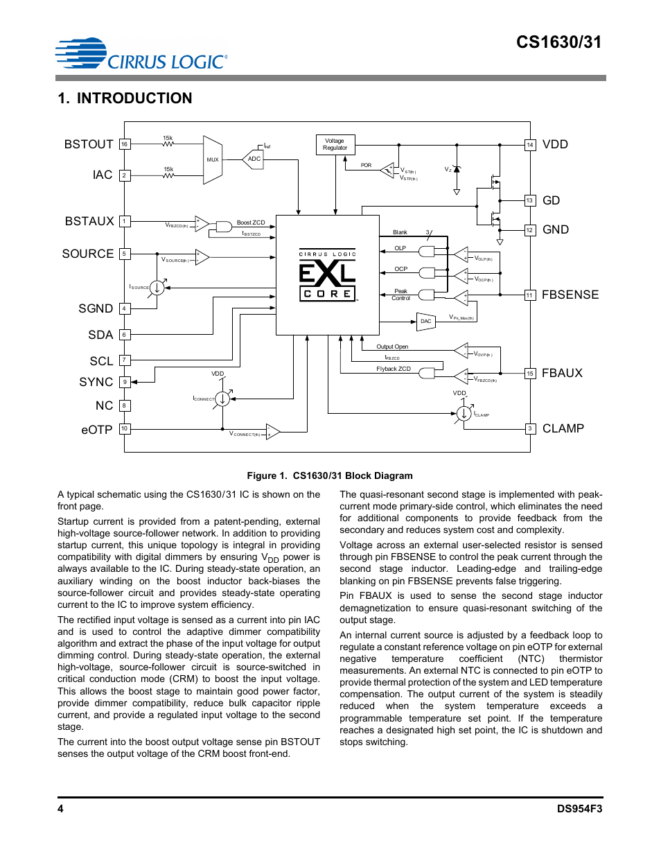 Introduction, Fbsense, Fbaux | Bstout, Bstaux, Clamp, Sgnd, Source, Sync eotp | Cirrus Logic CS1631 User Manual | Page 4 / 56