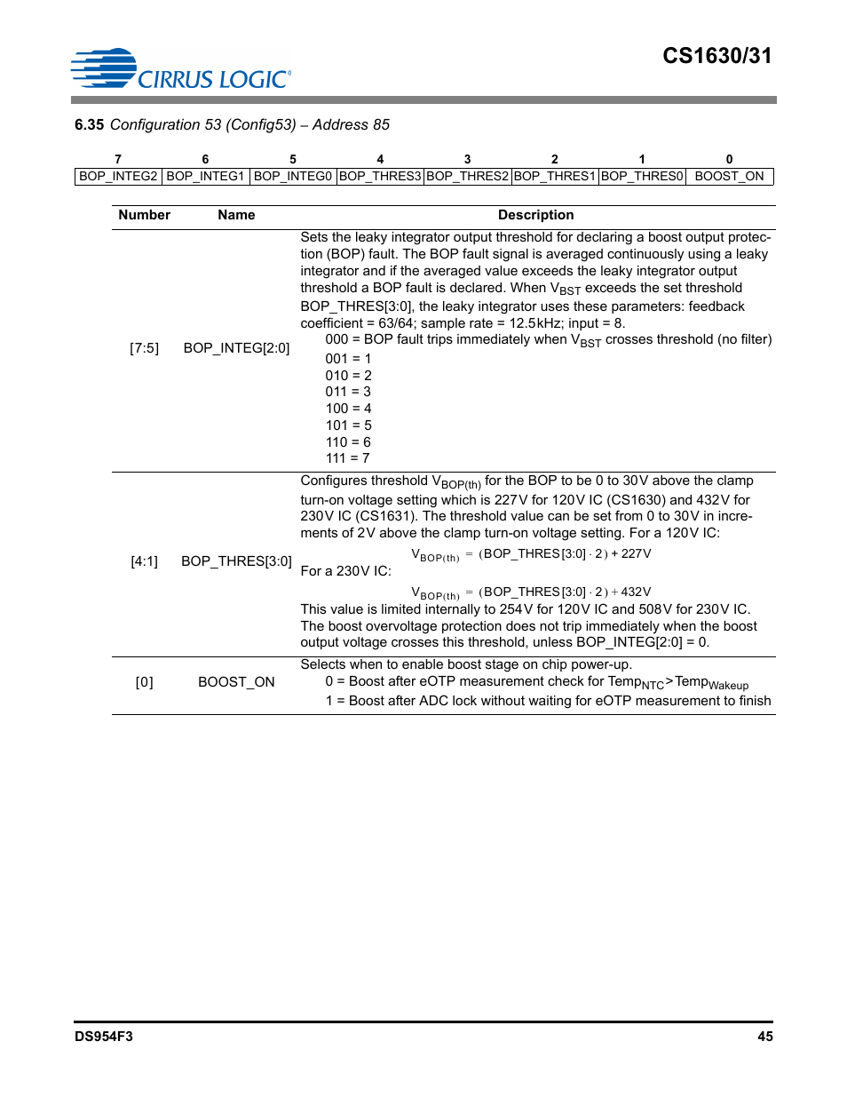 35 configuration 53 (config53) – address 85 | Cirrus Logic CS1631 User Manual | Page 45 / 56