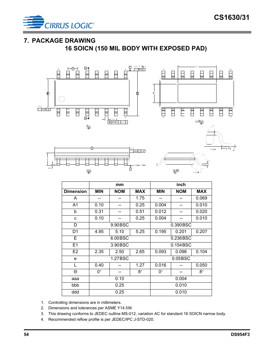 Package drawing, 16 soicn (150 mil body with exposed pad) | Cirrus Logic CS1631 User Manual | Page 54 / 56
