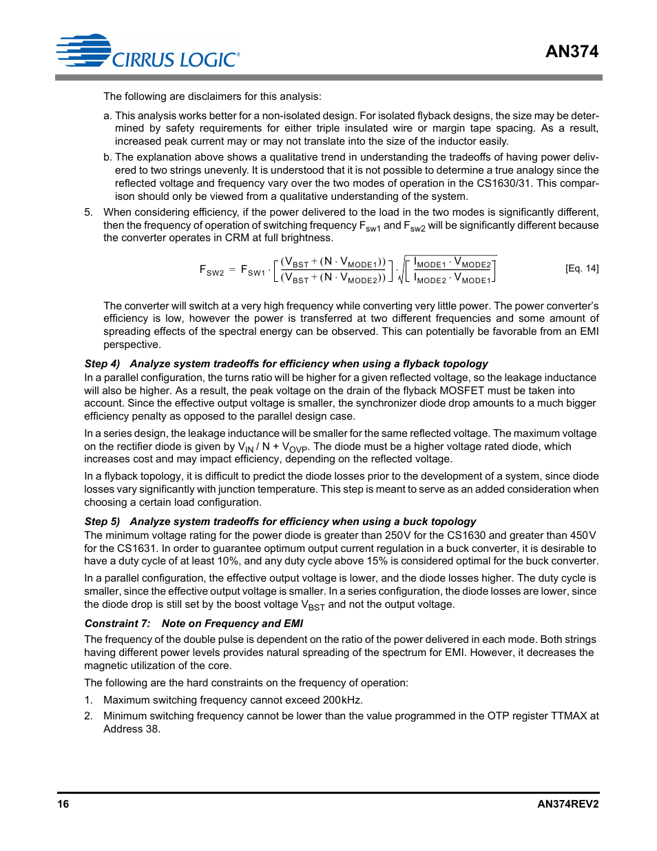 Constraint 7: note on frequency and emi, An374 | Cirrus Logic AN374 User Manual | Page 16 / 35