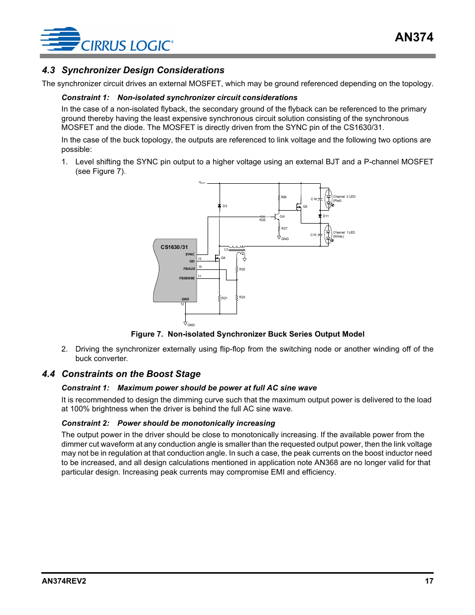3 synchronizer design considerations, 4 constraints on the boost stage, An374 | Cirrus Logic AN374 User Manual | Page 17 / 35