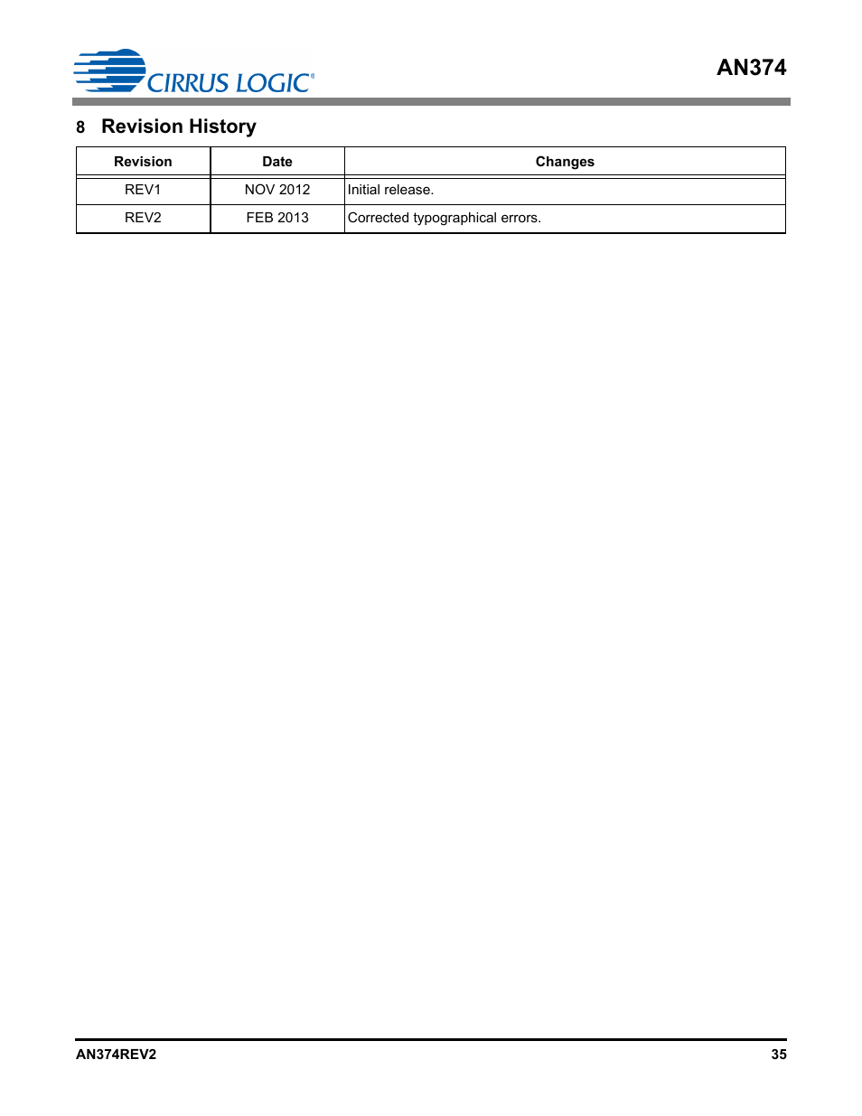 8 revision history, An374, Revision history | Cirrus Logic AN374 User Manual | Page 35 / 35