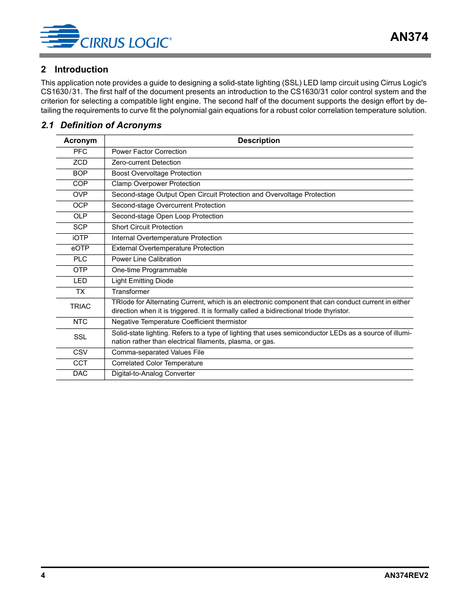 2 introduction, 1 definition of acronyms, An374 | Cirrus Logic AN374 User Manual | Page 4 / 35