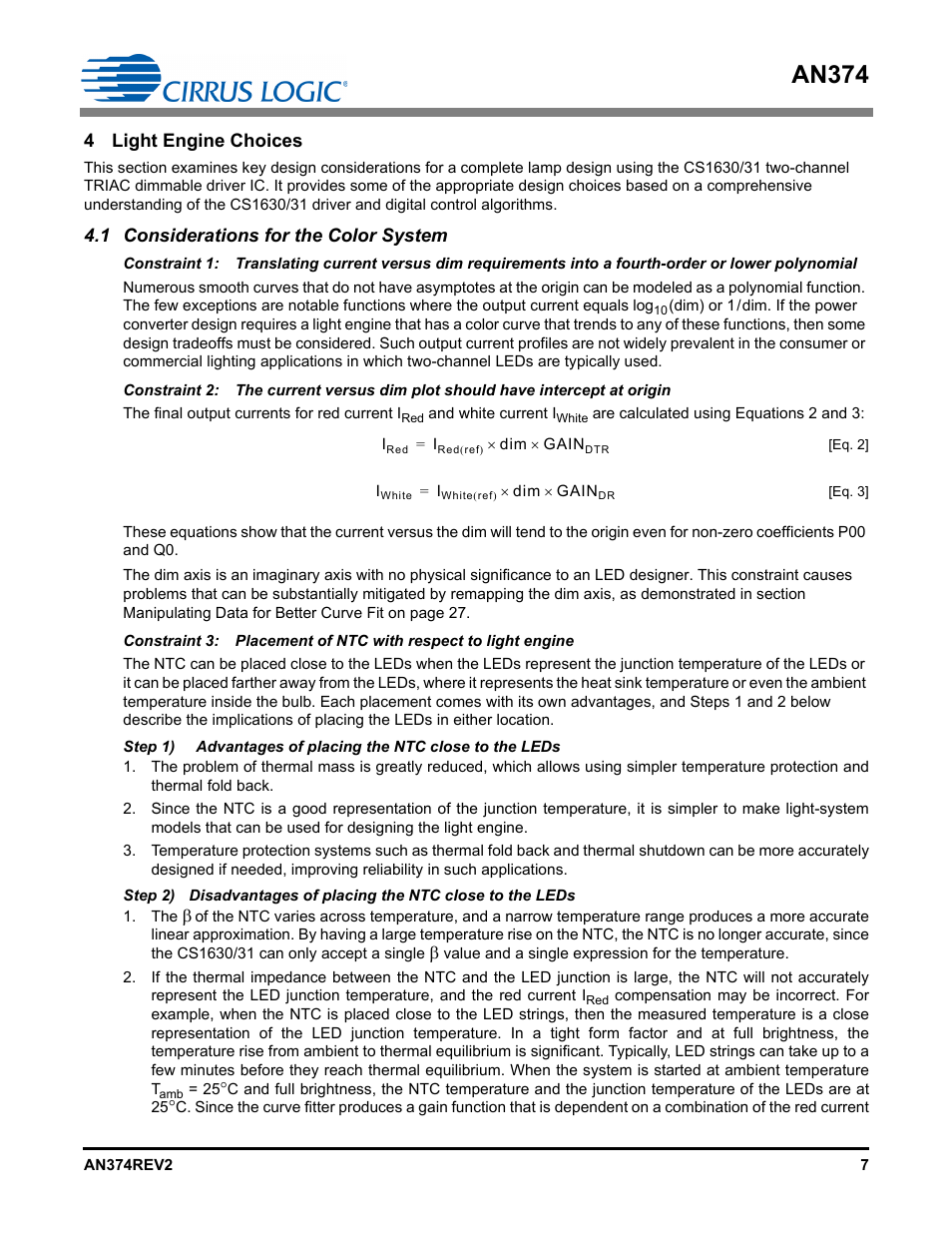 4 light engine choices, 1 considerations for the color system, An374 | Cirrus Logic AN374 User Manual | Page 7 / 35
