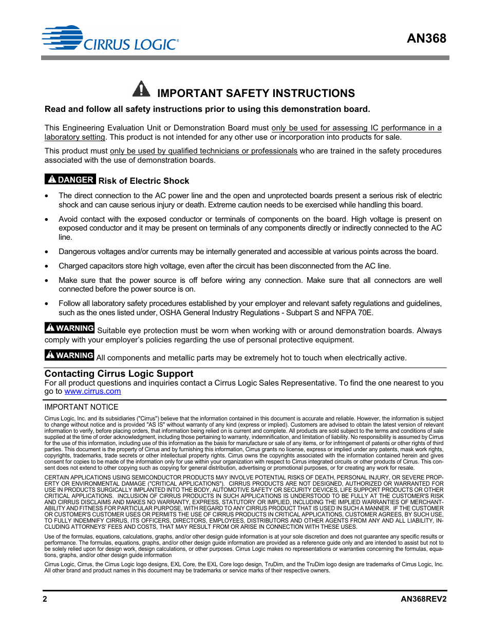 An368, Important safety instructions, Contacting cirrus logic support | Cirrus Logic AN368 User Manual | Page 2 / 80