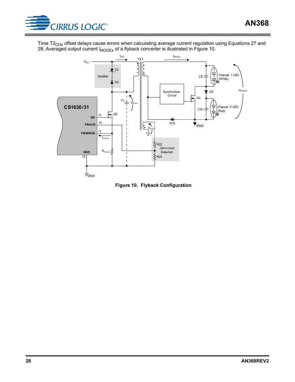 An368, Of a flyback converter is illustrated in figure 10, Figure 10. flyback configuration | Cirrus Logic AN368 User Manual | Page 28 / 80