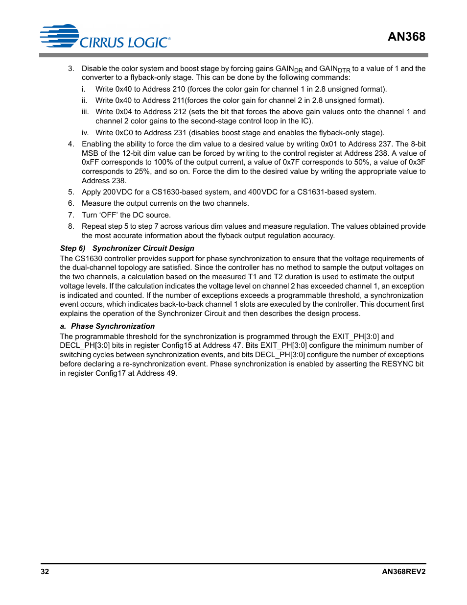 Step 6) synchronizer circuit design, A.phase synchronization, An368 | Cirrus Logic AN368 User Manual | Page 32 / 80