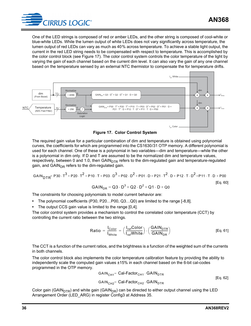 An368, And white gain (gain, Figure 17. color control system | Gain, Q3 = d, Q2 d, Q1 d, Ratio i, Color i, White ------------------------     gain | Cirrus Logic AN368 User Manual | Page 36 / 80