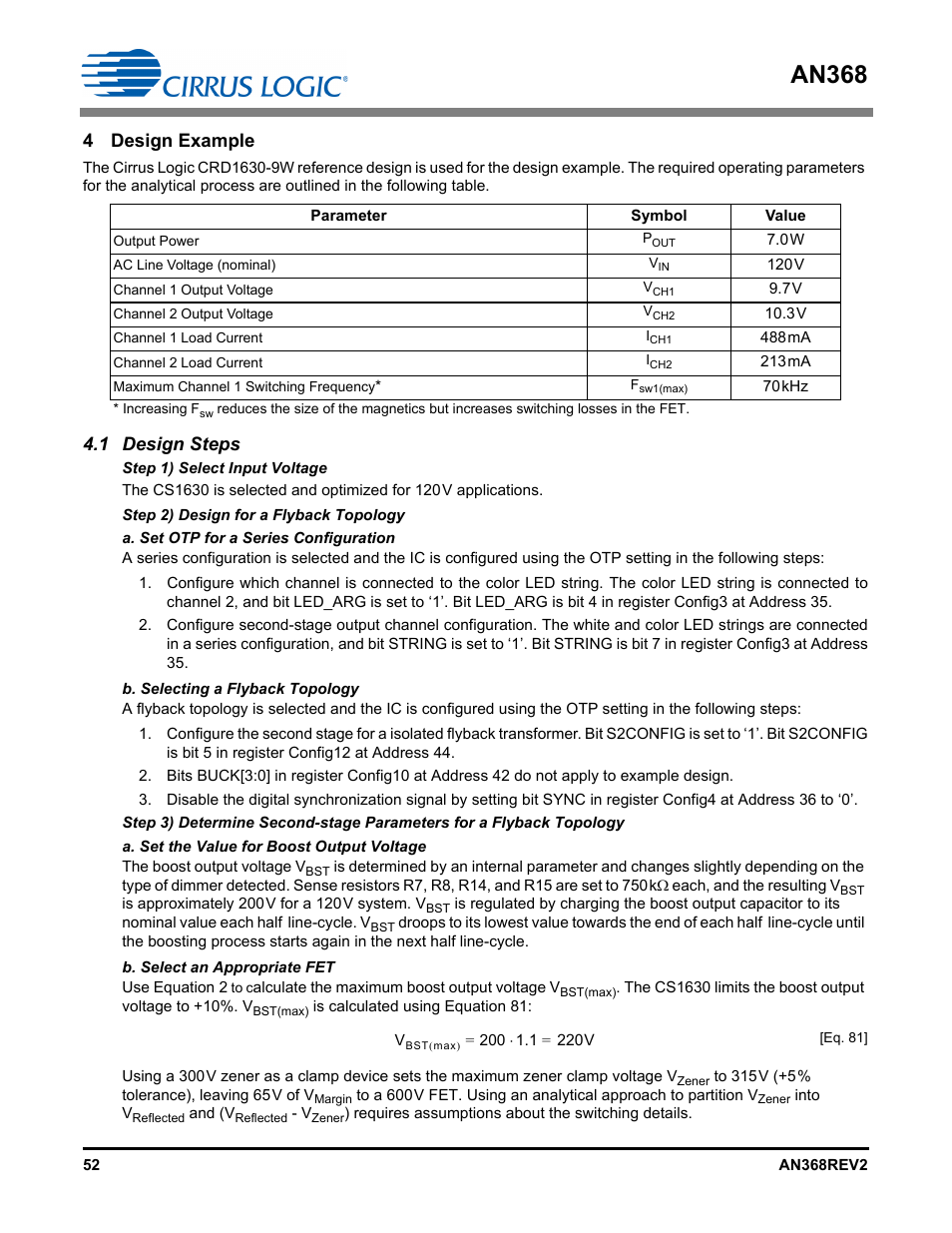 4 design example, 1 design steps, An368 | Cirrus Logic AN368 User Manual | Page 52 / 80