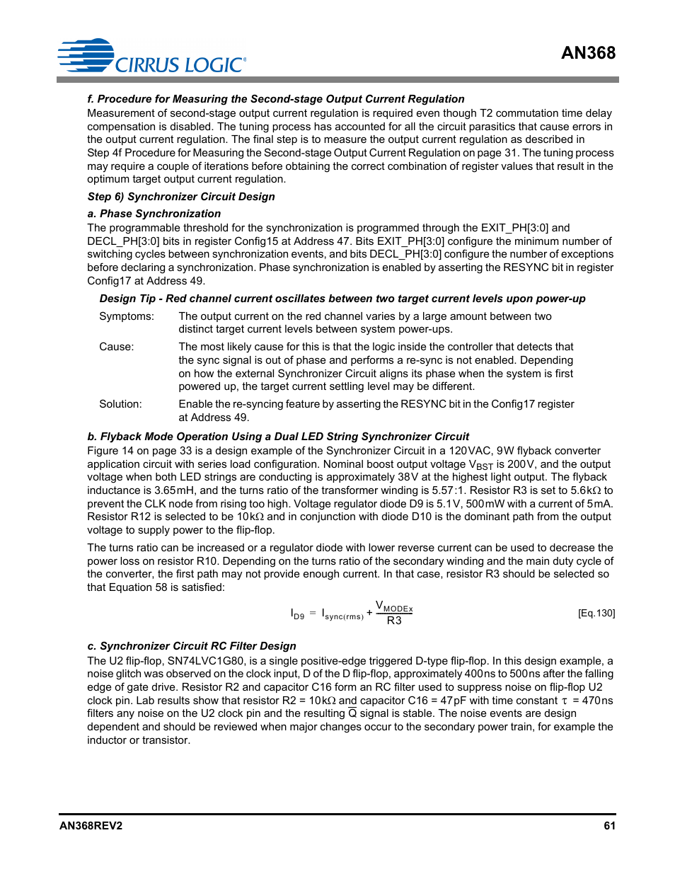 Step 6) synchronizer circuit design, An368 | Cirrus Logic AN368 User Manual | Page 61 / 80