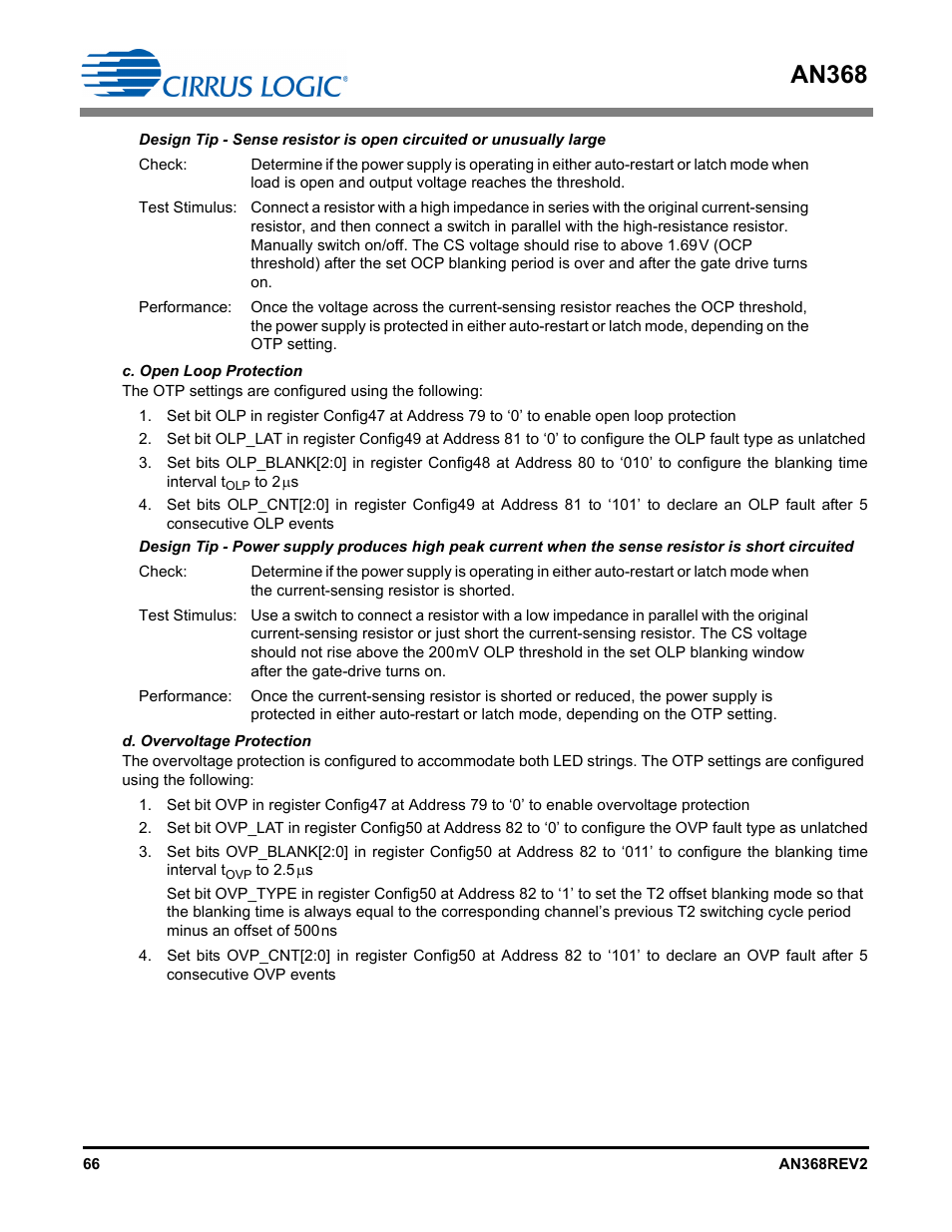C. open loop protection d. overvoltage protection, An368 | Cirrus Logic AN368 User Manual | Page 66 / 80